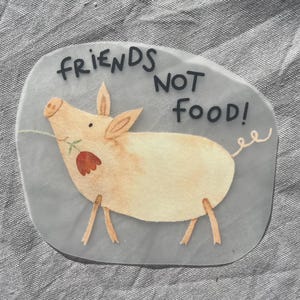 Könnte beinhalten: Illustration eines hellbraunen Schweins mit einer roten Blume im Maul, vor grauem Hintergrund. Der Text "FRIENDS NOT FOOD!" steht über dem Schwein. Das Design ist im Aquarellstil gehalten.