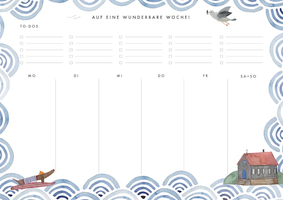 Wochenplaner DIN A4, Wochenplaner, Nordsee-Design, 50 Blatt, maritim, Planer, Stundenplan, Timer, To-Do-Liste, Notizblock, Büro, Mealplan