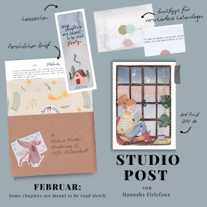 Op de afbeelding: Een verzameling briefpapierartikelen, waaronder een bladwijzer met de tekst "some chapters are meant to be read slowly", een brief en een kunstdruk van een persoon die bij een raam leest. De items zijn op een blauwgrijze achtergrond geplaatst.