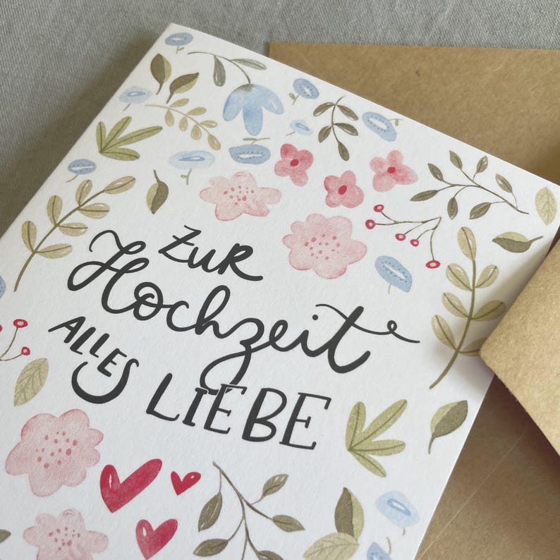 Hochzeitskarte mit Blumenmotiv – Grußkarte zur Hochzeit DIN A6, inkl. Kraftpapper Umschlag, romantisk karte zum Verschenken bild 2