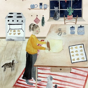 May include: A woman rolls out dough on a wooden table in a kitchen. There are two dogs, a cat, and a cactus in the background. The woman is wearing a yellow sweater and black pants. There are two containers on the table labeled "Mehl" and "Zucker".