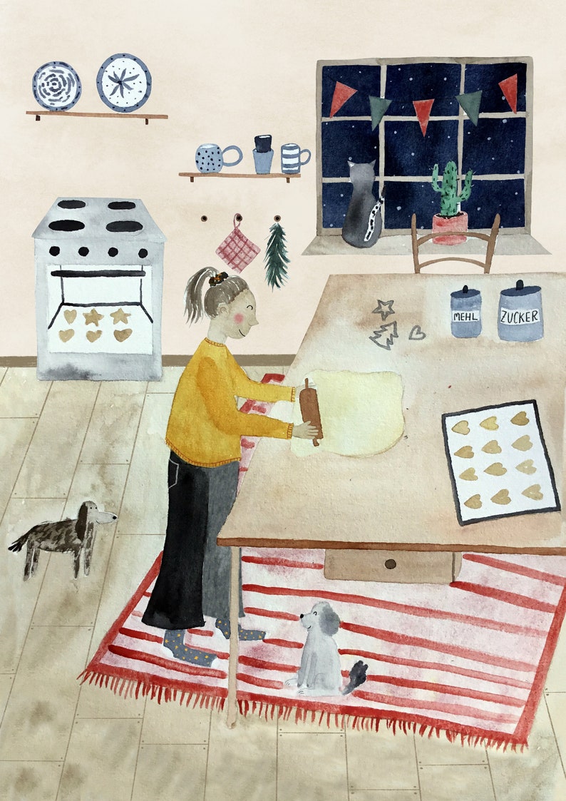 May include: A woman rolls out dough on a wooden table in a kitchen. There are two dogs, a cat, and a cactus in the background. The woman is wearing a yellow sweater and black pants. There are two containers on the table labeled "Mehl" and "Zucker".