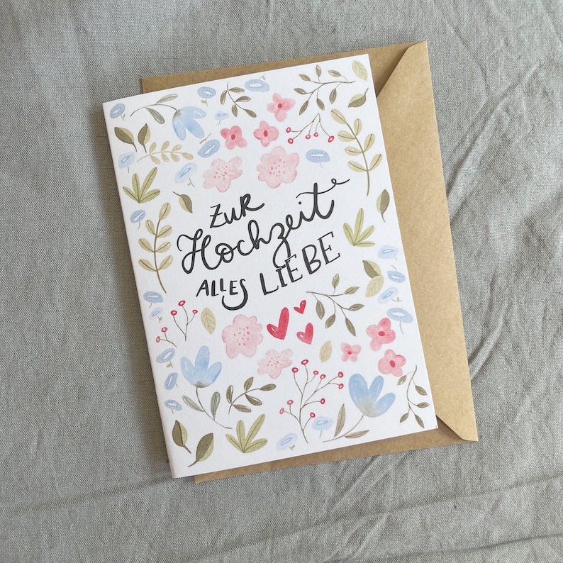 Hochzeitskarte mit Blumenmotiv – Grußkarte zur Hochzeit DIN A6, inkl. Kraftpapper Umschlag, romantisk karte zum Verschenken bild 1