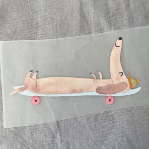 Może przedstawiać: Brązowy pies rasy dachshund w ż&oacute;łto-białym kapeluszu leży na jasnoniebieskiej desce skateboardowej z r&oacute;żowymi k&oacute;łkami. Dachshund uśmiecha się i ma zamknięte oczy.