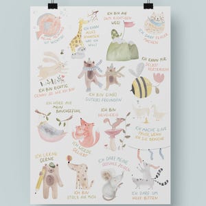 May include: A whimsical poster featuring watercolor illustrations of various animals, each accompanied by German text. The artwork includes a fish, giraffe, cat, rabbit, bear, fox, bee, and mouse, with phrases like "I am on the right path."