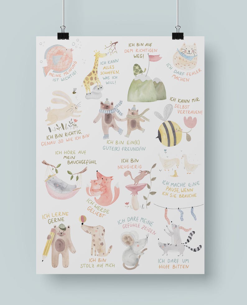 May include: A whimsical poster featuring watercolor illustrations of various animals, each accompanied by German text. The artwork includes a fish, giraffe, cat, rabbit, bear, fox, bee, and mouse, with phrases like "I am on the right path."