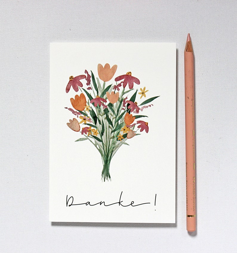 May include: A watercolor illustration of a bouquet of flowers in shades of pink, orange, and yellow. The flowers are arranged in a vase and the text "Danke!" is written below the bouquet.
