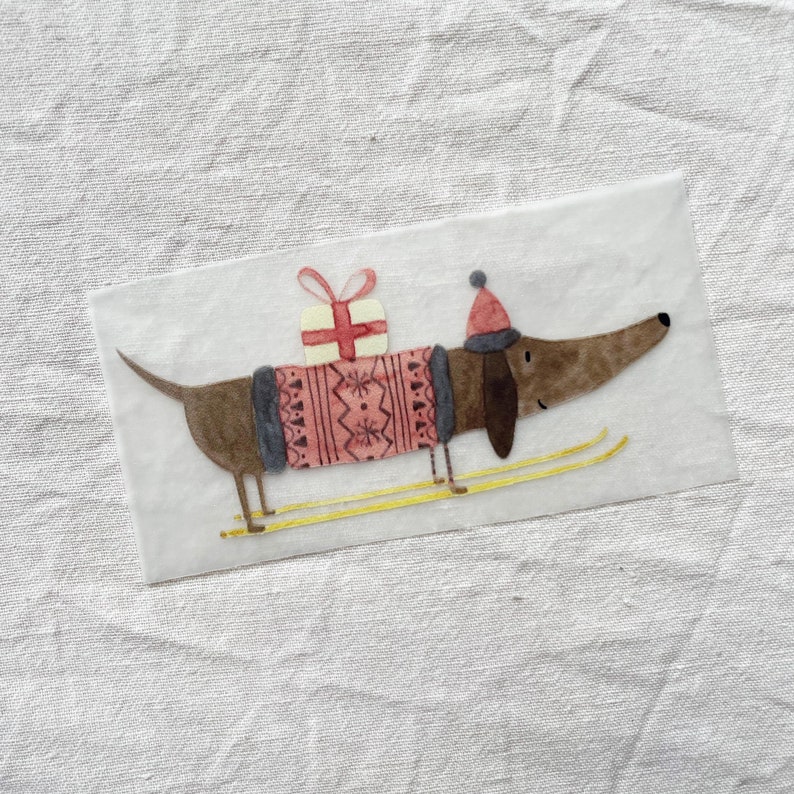 May include: A brown dachshund wearing a red and gray sweater with a white gift on its back is skiing on yellow skis.