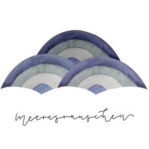 May include: Watercolor painting of three blue, gray, and white waves with the word "meeresrauschen" written below.