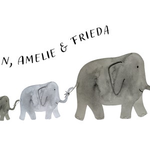 May include: Watercolor illustration of three gray elephants walking in a line, with the text "JAN, AMELIE & FRIEDA" above them. The elephants are connected trunk-to-tail, with a few small plants and flowers to the right.