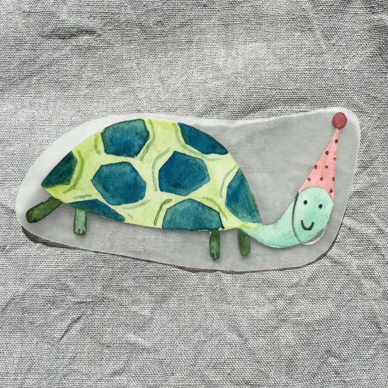 May include: A watercolor painting of a green turtle wearing a pink and white party hat. The turtle has a blue shell with green accents.