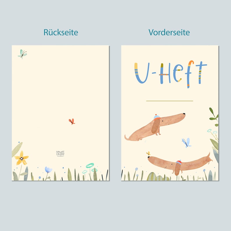 May include: Two-page illustrated card with a cream background. The front features the text "U-Heft" in blue and yellow, and two dachshunds wearing hats. The back has a butterfly and a small red bird.