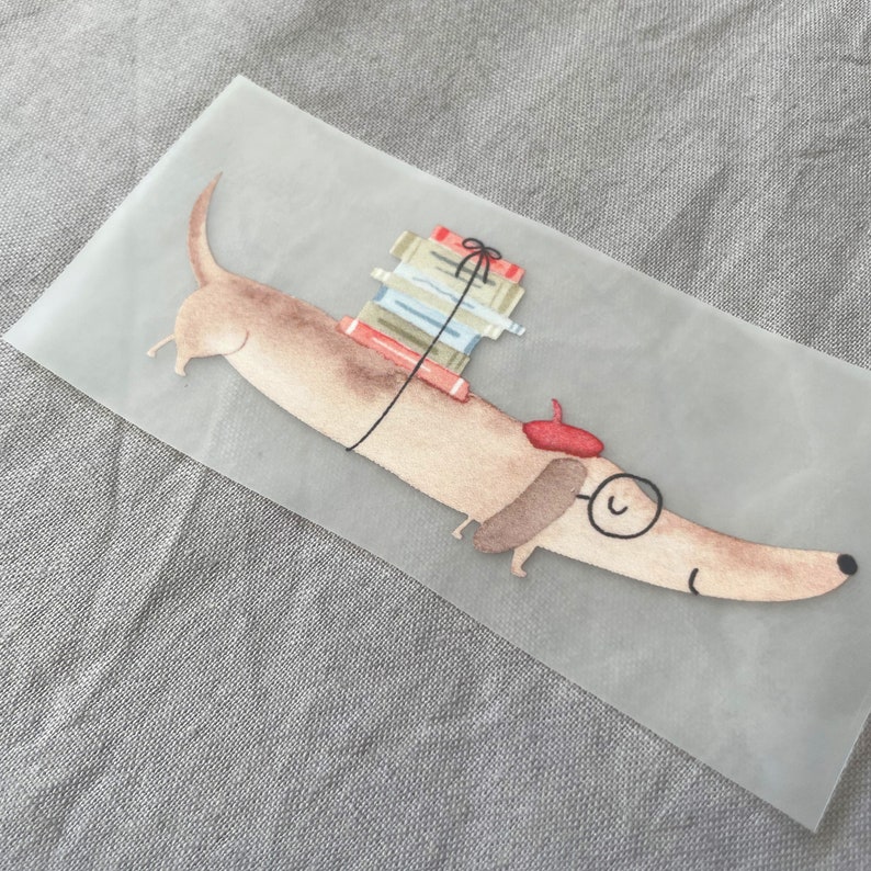 May include: A brown dachshund with a red beret and round glasses carries a stack of books tied with a red ribbon.