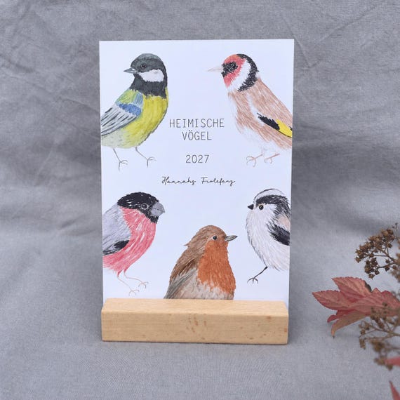 Tischkalender 2027 "Heimische Vögel" | Aquarell-Illustrationen | 12 Postkarten | Optional mit Holzständer