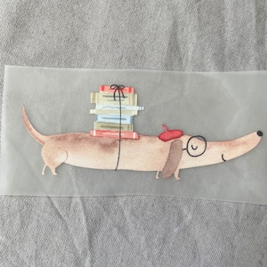 Bügelbild Dackel mit Büchern, Aufnäher, Bügelbild Hund, Geschenkidee für Kinder