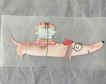 Bügelbild Dackel mit Büchern, Aufnäher, Bügelbild Hund, Geschenkidee für Kinder