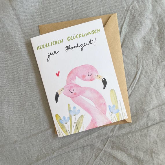 Hochzeitskarte Flamingos – DIN A6 Karte mit Aquarellmotiv & Kraftpapier Umschlag, Herzlichen Glückwunsch zur Hochzeit