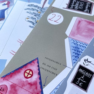 May include: A printable advent calendar with a Christmas tree, a house, and a sign that says "Weihnachts G&auml;nse Dinner". The numbers 5, 16, 18, 22, and 24 are visible on the calendar.