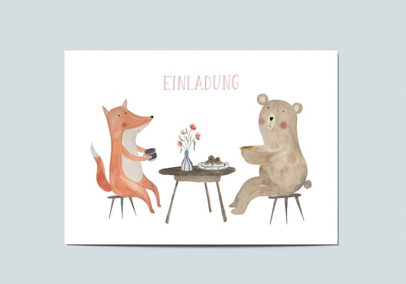 Einladungskarte, Postkarte Einlandung, Einladung Kindergeburtstag, Karte Kinder, Karte Tiere