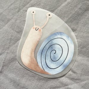 Pu&ograve; includere: Un adesivo a forma di lumaca con un guscio azzurro e un corpo beige. La lumaca ha due lunghe antenne con punti neri e una faccia sorridente. L'adesivo &egrave; su uno sfondo grigio.