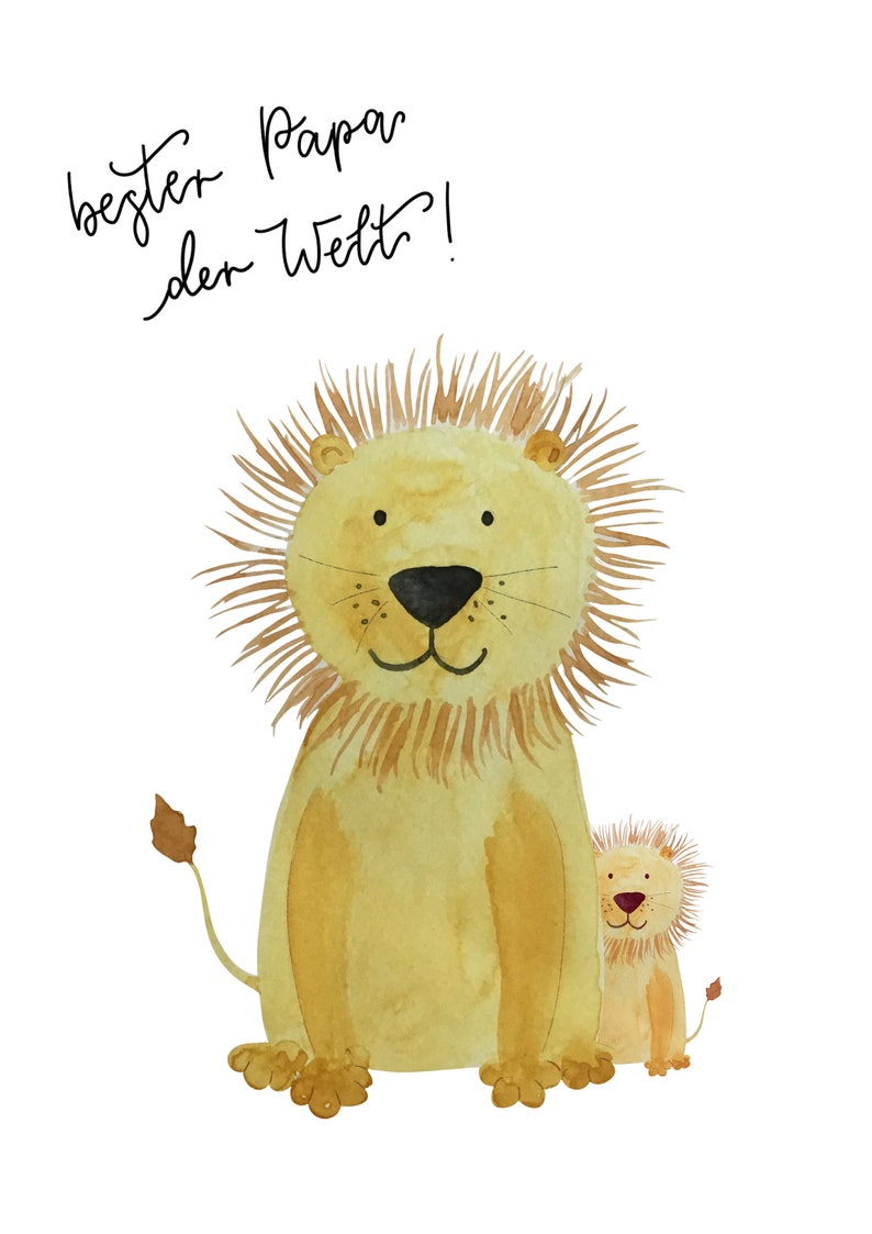 Puede incluir: Una ilustraci&oacute;n de acuarela de dos leones, uno grande y otro peque&ntilde;o, con el texto "bester Papa der Welt!" encima. Los leones sonr&iacute;en y tienen melenas marrones.