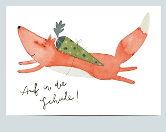 Karte zur Einschulung mit Fuchs – Schulanfang Grußkarte, Geschenk für Schulkind, Schultüte Geschenk