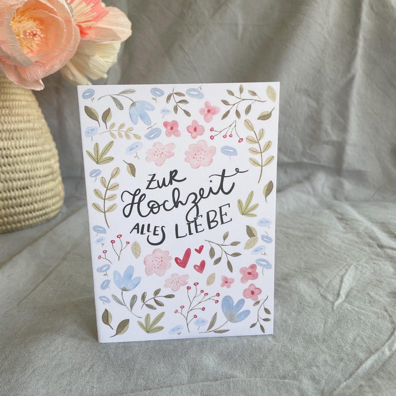Hochzeitskarte mit Blumenmotiv – Grußkarte zur Hochzeit DIN A6, inkl. Kraftpapper Umschlag, romantisk karte zum Verschenken bild 5