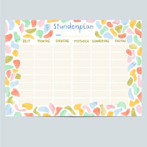 Può includere: Un modello di programma settimanale stampabile con un bordo di motivo astratto colorato. Il modello è intitolato "Stundenplan" e include colonne per l'ora, il lunedì, il martedì, il mercoledì, il giovedì e il venerdì.