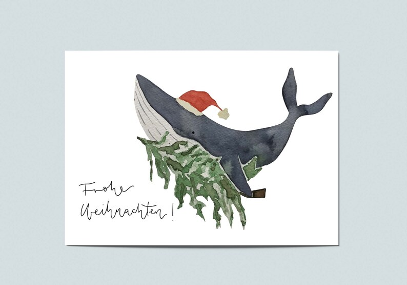 Postkarte Weihnachtswal, Weihnachtskarte, Postkarte Weihnachten, Weihnachtsgrüße, Karte Weihnachten, Weihnachtswünsche, Wal Grußkarte Bild 1