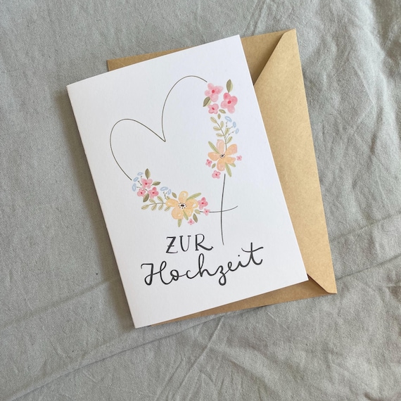 Schlichte Hochzeitskarte mit Herz und Blumen – DIN A6 Grußkarte 'Zur Hochzeit' inkl. Umschlag, romantisch & elegant
