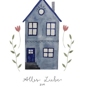 K&ouml;nnte beinhalten: Eine Aquarell-Illustration eines blauen Hauses mit einem roten Herzen dar&uuml;ber. Das Haus hat zwei Fenster auf jeder Etage und eine blaue T&uuml;r. Auf beiden Seiten des Hauses befinden sich zwei gr&uuml;ne Pflanzen mit roten Bl&uuml;ten. Der Text "Alles Liebe zum Einzug!" steht unter dem Haus.