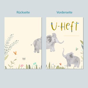 May include: A light yellow card with a grey elephant on the front and the text "U-Heft". The back of the card is blank.