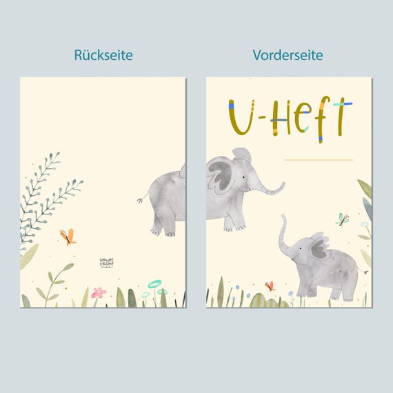 U-Heft Hülle, Impfpass, Elefant personalisiert, Geschenk zur Schwangerschaft oder Geburt, mit Fach für Impfpass und Gesundheitskarte