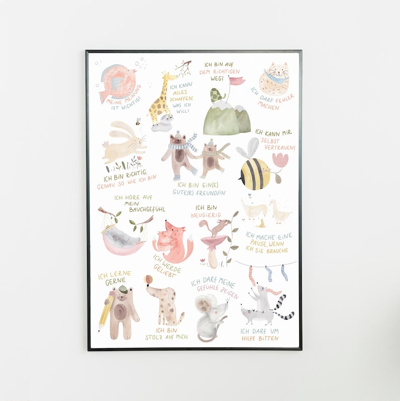 May include: A framed art print featuring watercolor illustrations of various animals, each accompanied by German text. The artwork includes a bird, giraffe, rabbit, bears, bee, fox, mouse, and more. The print has a black frame and is suitable for a child's room.