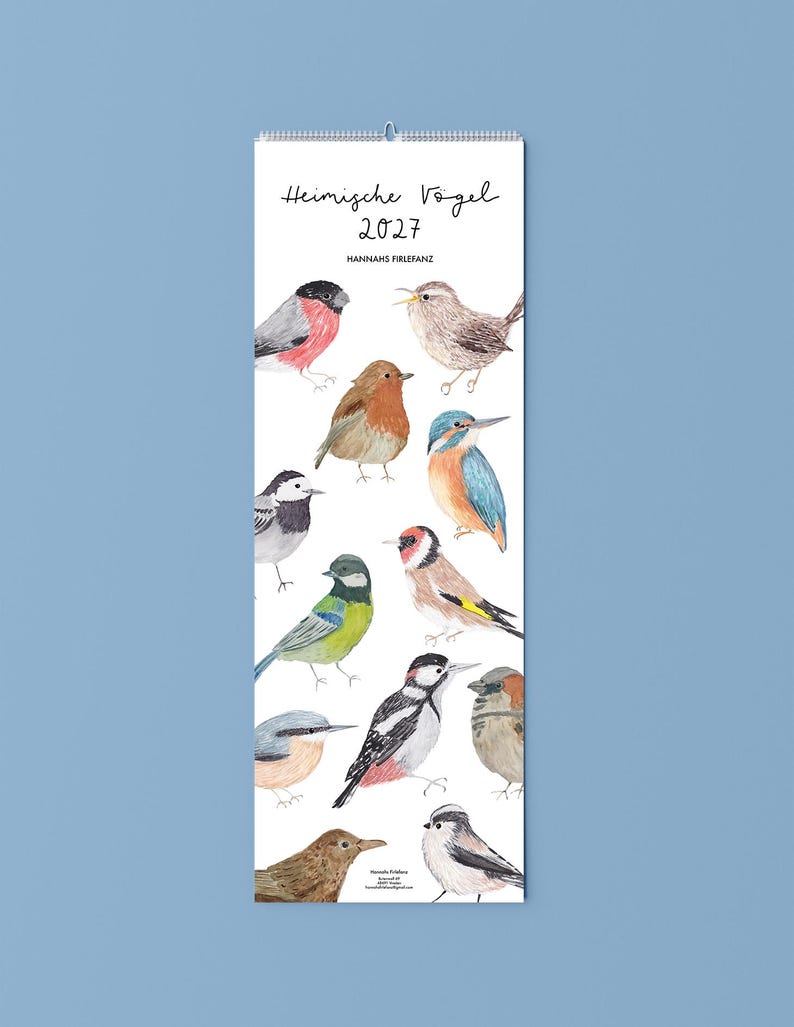 Aquarell Wandkalender 2027 – Heimische Vögel / Handgemalte Illustrationen / 105 x 297 mm