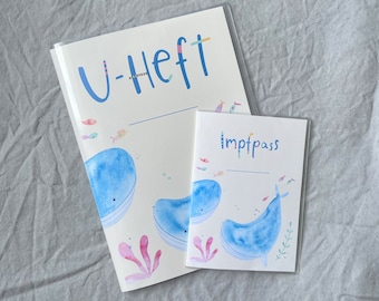 U-Heft Hülle, Impfpass, Wal personalisiert, Geschenk zur Schwangerschaft oder Geburt, mit Fach für Impfpass und Gesundheitskarte