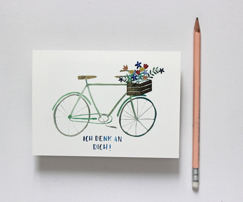 Postkarte Ich denk an dich, Fahrrad, Freundschaft, Karte für Freunde, Einfach-So Karte, Blumengruß, Geschenk. Bild 2