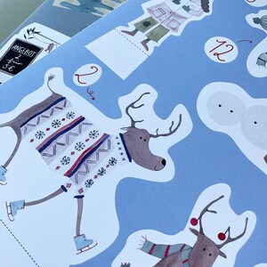 May include: A blue background with a reindeer wearing a white and blue sweater and ice skates. The reindeer is on the left side of the image. On the right side of the image is a reindeer wearing a brown scarf and ice skates. The reindeer is on the right side of the image. The background is blue with white snowflakes.