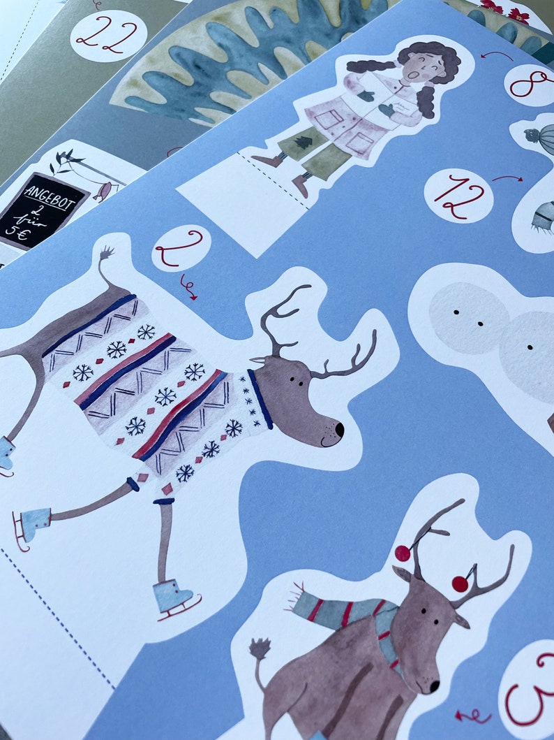May include: A blue background with a reindeer wearing a white and blue sweater and ice skates. The reindeer is on the left side of the image. On the right side of the image is a reindeer wearing a brown scarf and ice skates. The reindeer is on the right side of the image. The background is blue with white snowflakes.