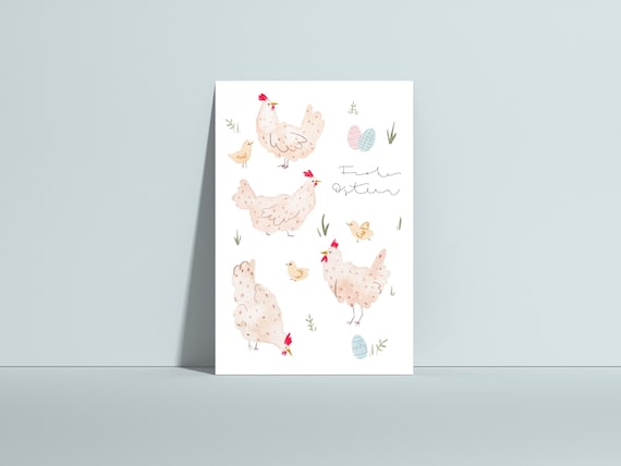 Osterkarte Hühner, Grußkarte Ostern, Ostergrüße, Aquarell, Geschenkidee