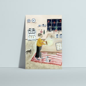 Puede incluir: Una ilustraci&oacute;n de acuarela de una persona extendiendo masa sobre una mesa en una cocina. Hay dos perros en la habitaci&oacute;n, un &aacute;rbol de Navidad y una ventana con vista a una noche estrellada.