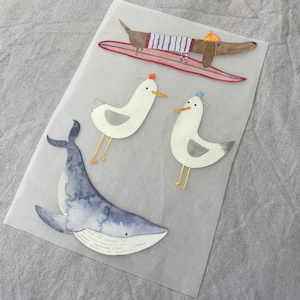Bügelbild Set Meer, Surf-Dackel, Wal, Möwen, Aufnäher, Bügelbild für Kinder, Geschenkidee