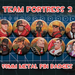 Team Fortress 2 -  58mm Holographic Gold Glitter Pin Badges / Buttons