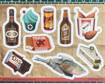 Może przedstawiać: Arkusz naklejek z napisem TF2 FOOD & BEVERAGE zawierający ilustracje brązowej butelki, turkusowej babeczki, puszki Bonk! Atomic Punch, butelki piwa Red Shed, kubełka smażonego kurczaka, Fishcake, tabliczki czekolady oraz kanapki.