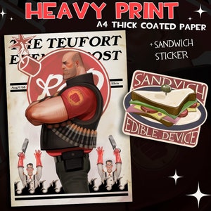 May include: A vintage-style poster featuring a cartoon character with a red shirt and a large gun, holding a sandwich. The poster is titled "The Teufort Evening Post" and has a date of August 9, 1968. The poster is printed on thick coated paper and includes a sticker of a sandwich.