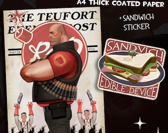 Op de afbeelding: Een poster in vintage stijl met een cartoonfiguur met een rood shirt en een groot geweer, die een sandwich vasthoudt. De poster heeft de titel "The Teufort Evening Post" en de datum 9 augustus 1968. De poster is gedrukt op dik, gecoat papier en bevat een sticker met een sandwich.