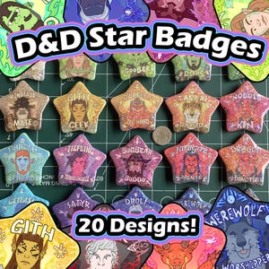 DnD Holo Star Pin Badges - 20 Different Designs! Tiefling , Elf , Dwarf , Orc and more+++