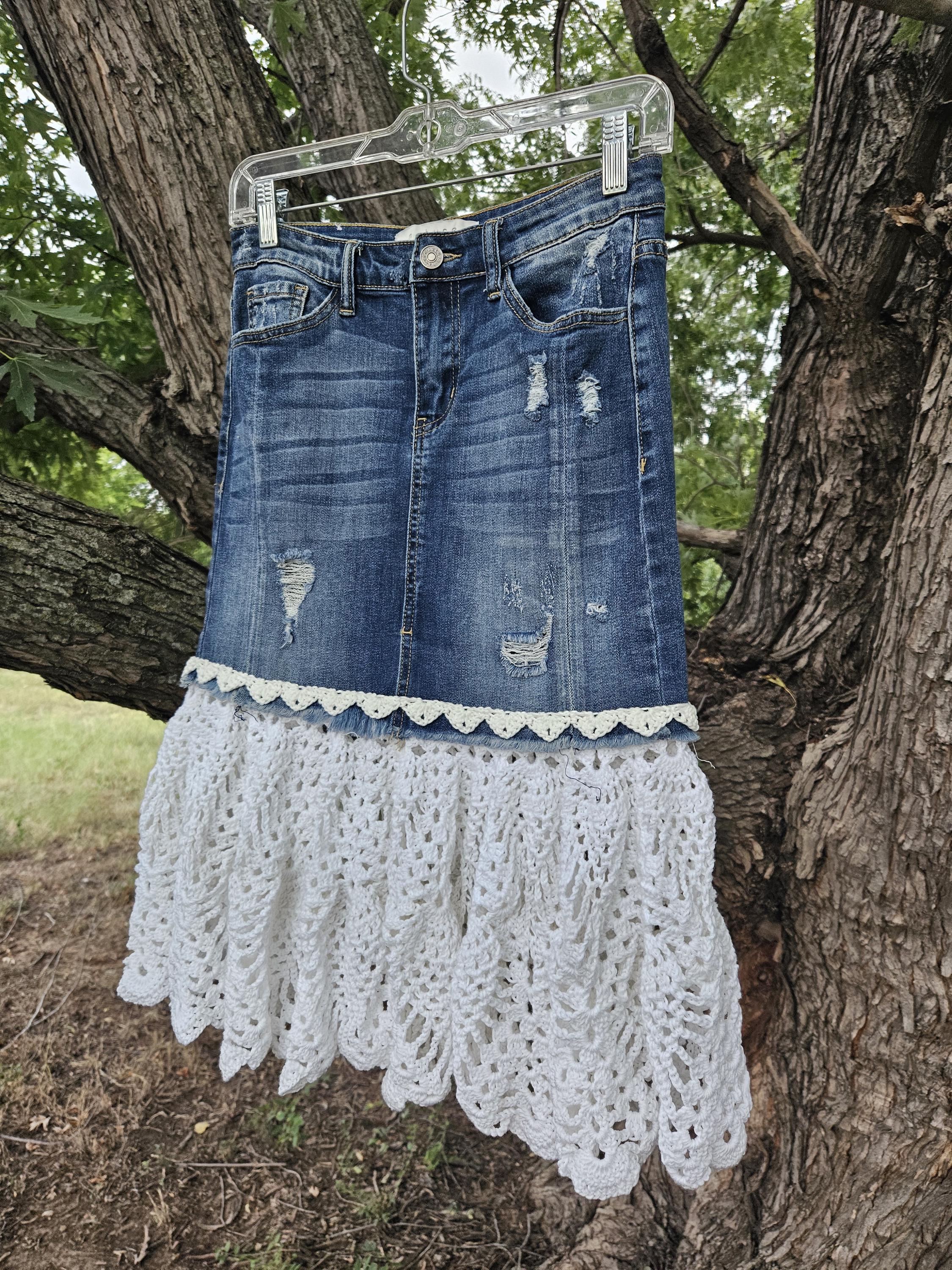 Upcycled Denim Skirt With Crochet Trim - Etsy