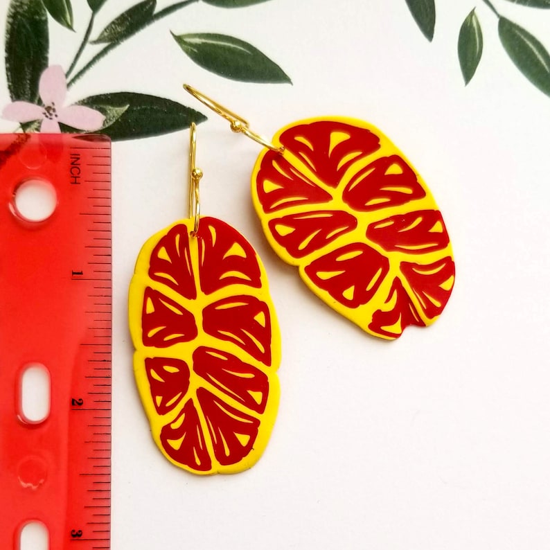 Lightweight Earrings HandCrafted HandMade Red and Yellow Polymer Clay Dangle Earrings Leaf Style Earrings HandPainted Art Jewelry