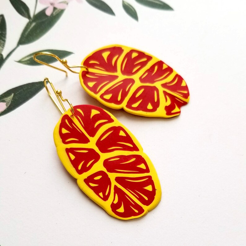 Lightweight Earrings HandCrafted HandMade Red and Yellow Polymer Clay Dangle Earrings Leaf Style Earrings HandPainted Art Jewelry
